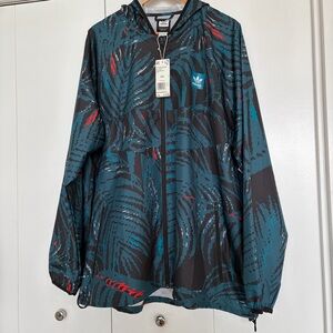 NWT Men’s 2XL Adidas Black and Teal Patterned Windbreaker Front Zippered Pockets